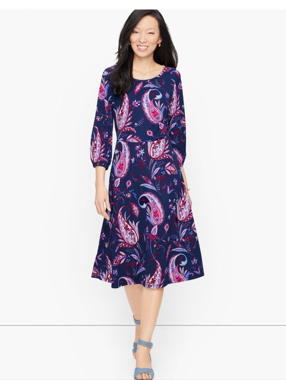 Talbots Knit Jersey Winding Paisley Dress Midi Stretch Floral Size 6 Office